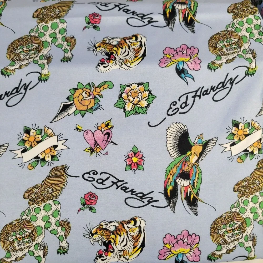 Ed Hardy QUEEN Blue Sheets Set 6pc Tattoo Foo Dog Tiger Floral Bird Heart Rose